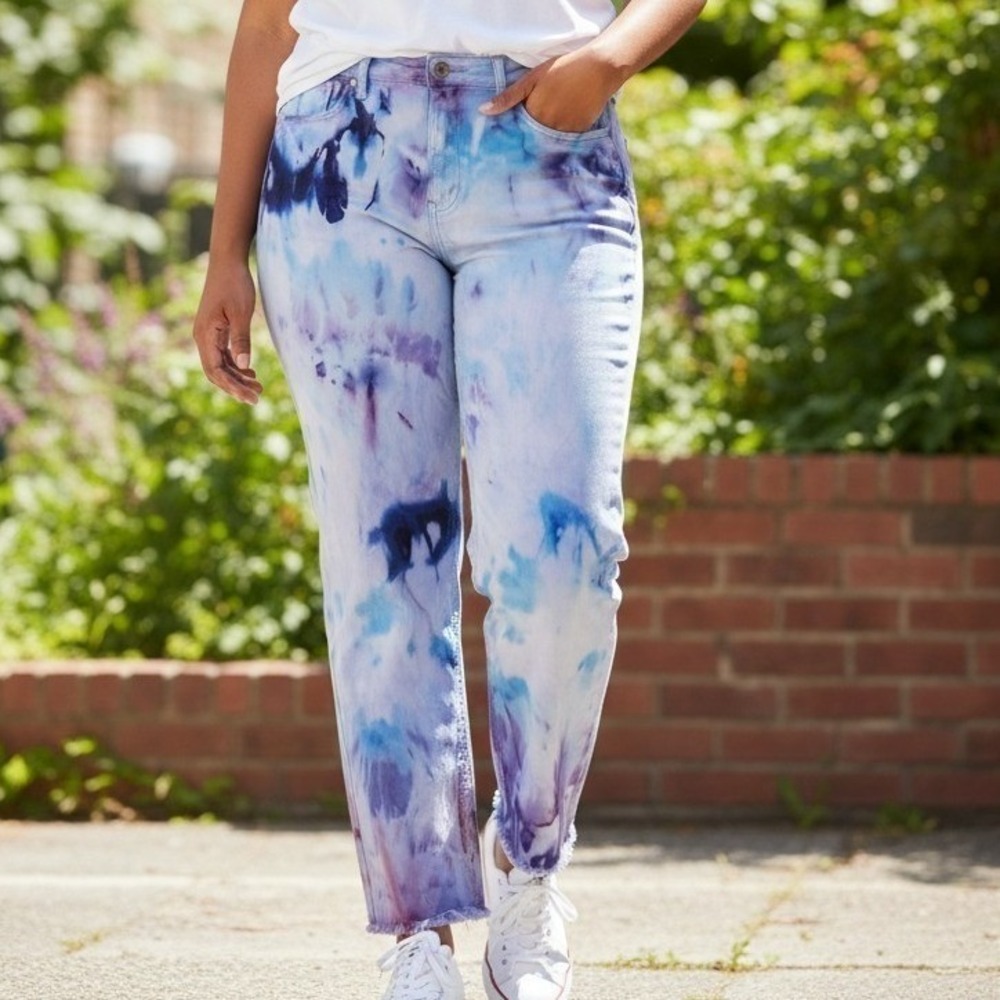 Kelleydeeee OG Womens High Rise Curvy Straight Tie Dye Jeans Blue Purple Size 14